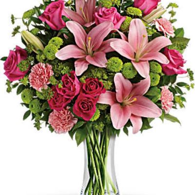 <div id="mark-1" class="m-pdp-tabs-marketing-description">What's better than pink? More pink! Show someone you care with this blissful bouquet of roses and lilies, hand-delivered in a classic glass vase. It's an impressive gift that promises to put some pink in her cheeks!</div>
<div id="desc-1">
<ul>
 	<li>This fabulously feminine bouquet features hot pink roses, hot pink spray roses, pink asiatic lilies, pink carnations, green button spray chrysanthemums, bupleurum, huckleberry and lemon leaf.</li>
 	<li>Delivered in a clear glass vase.</li>
</ul>
</div>