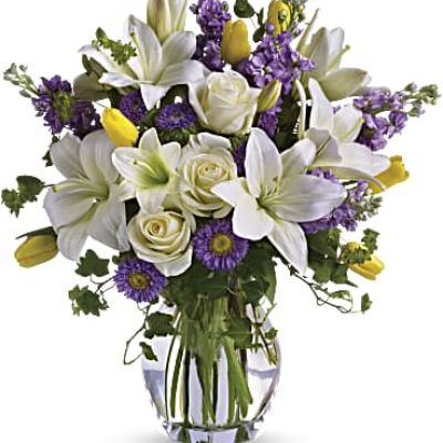 <div id="mark-3" class="m-pdp-tabs-marketing-description">Dance into spring! Send this bouquet of favorite spring flowers to brighten someone's day with the playful beauty of nature. Such a pretty way to say, "I'm thinking of you!"</div>
 
<div id="desc-3">
<ul>
 	<li>This white, lavender and yellow bouquet includes white asiatic lilies, cream roses, yellow tulips, lavender stock, lavender matsumoto asters and greens including bupleurum, ivy and seeded eucalyptus.</li>
</ul>
</div>
