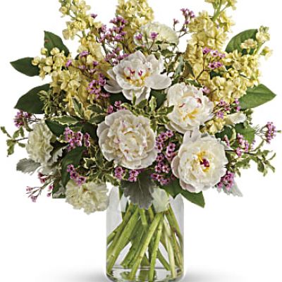 <div id="mark-3" class="m-pdp-tabs-marketing-description">Chic and serene, this dreamy bouquet of wondrous white peonies and creamy blooms in a milk jug vase sends your very best wishes for a stylish spring!</div>
 
<div id="desc-3">
<ul>
 	<li>This serene arrangement features white peonies, light yellow carnations, light yellow stock, lavender waxflower, dusty miller, pitta negra, and lemon leaf.</li>
 	<li>Delivered in a clear glass vase.</li>
</ul>
</div>