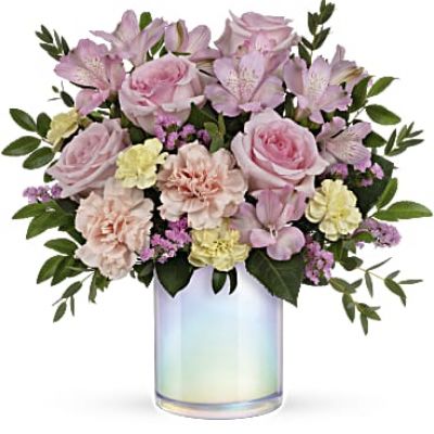 <div id="mark-3" class="m-pdp-tabs-marketing-description">Fresh as a spring breeze, this whimsical, blush-hued bouquet is presented in a white glass cylinder with magical pearlescent finish.</div>
 
<div id="desc-3">Blush roses, pink alstroemeria, pink carnations, miniature light yellow carnations and pink sinuata statice are arranged with huckleberry and parvifolia eucalyptus.</div>