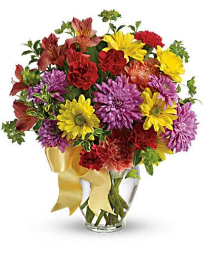 <div id="mark-1" class="m-pdp-tabs-marketing-description">She is yours, and you are hers. Remind her of that simple fact with this simply sweet mix of colorful flowers that are sure to warm her heart.</div>
<div id="desc-1">
<ul>
 	<li>Red alstroemeria, orange carnations, miniature red carnations, yellow daisies and lavender chrysanthemums are arranged with bupleurum and oregonia - with a pretty yellow ribbon tied around the vase for that extra-special touch.</li>
</ul>
</div>
