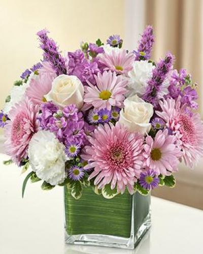 This bouquet features a lavender and white arrangement of roses, stock, liatris, cremones, carnations, daisy poms and monte casino, accented with variegated pittosporum
artistically designed by our florists in a classic clear glass cube vase lined with a Ti leaf ribbon.