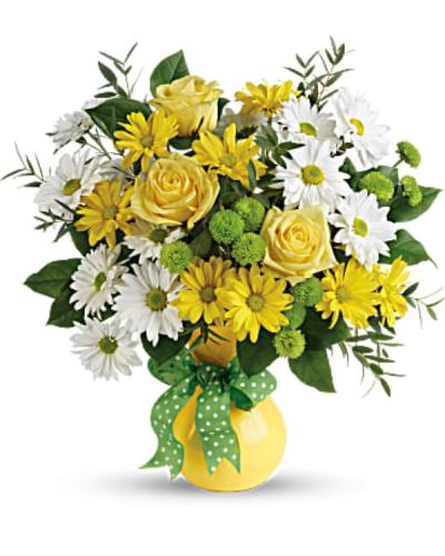 <div id="mark-1" class="m-pdp-tabs-marketing-description">Pure joy! Brighten any occasion with this sunny mix of golden and white daisies in a cheerful yellow vase. A spotty dotty bow adds a dash of fun!</div>
<div id="desc-1">
<ul>
<li>This happy bouquet includes white and yellow daisy spray chrysanthemums, green button spray chrysanthemums, lemon leaf, and parvifolia eucalyptus.</li>
<li>Delivered in Teleflora's Yellow Serendipity vase.</li>
</ul>
</div>