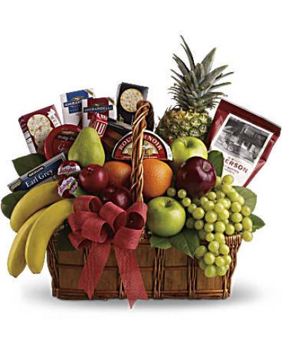 &nbsp;
<div id="tabs-pdp-content" class="tab-content">
<div id="description" class="tab-pane fade active">
<div id="mark-2" class="m-pdp-tabs-marketing-description">The gift of good taste! Send this gourmet gift basket of fruit and snacks to a gracious hostess, busy new parents, or anyone who appreciates the finer things in life... Or likes delicious food.</div>
Apples, pears, oranges, grapes, bananas and a pineapple are presented with cheeses, crackers, tea and other savory snacks in a natural gift basket that is trimmed with a bow.

</div>
</div>