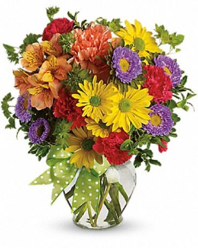 A summery mix of yellow daisy chrysanthemums, purple asters and red and orange carnations - arranged in a clear ginger vase and adorned with a cheerful green plaid bow - will make their wishes come true!