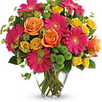 <div id="mark-3" class="m-pdp-tabs-marketing-description">Encourage someone to follow their rainbow with this bright, vivacious bouquet. Featuring hot pink gerbera daisies and orange roses, the youthful arrangement pops with summery fun!</div>
<div id="desc-3">
<ul>
<li>Hot pink gerbera, bi-color orange roses, orange spray roses, green button mums and bupleurum are presented in a clear glass vase.</li>
</ul>
</div>