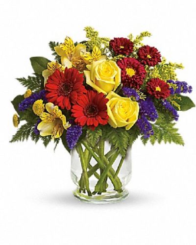 <div class="m-pdp-tabs-description">
<div id="mark-1" class="m-pdp-tabs-marketing-description">You'll want to put this colorful bouquet on your hit parade of gifts to send. Bold primary colors and a perfect mix of flowers make it great for men and women of all ages. In other words, it's a perfect arrangement.</div>
</div>
<p id="arrngDescp">Yellow roses, alstroemeria, and button spray chrysanthemums, red miniature gerberas and matsumoto asters along with purple statice, salal and fern are delivered in a lovely hurricane vase. It's a garden parade to be proud of!</p>